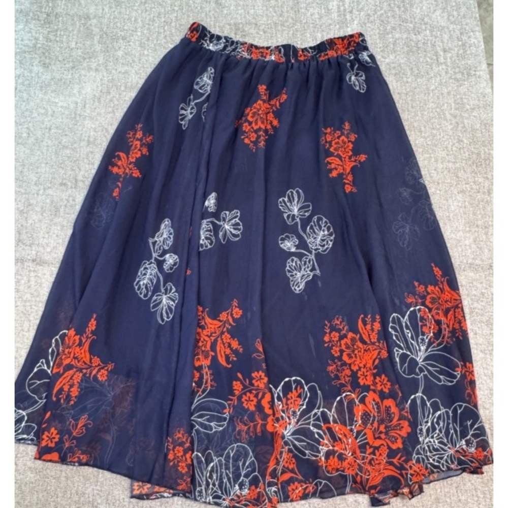 A Fibi Womens 3XL Floral Maxi Skirt Navy Orange Sheer Boho Pull On Plus Size